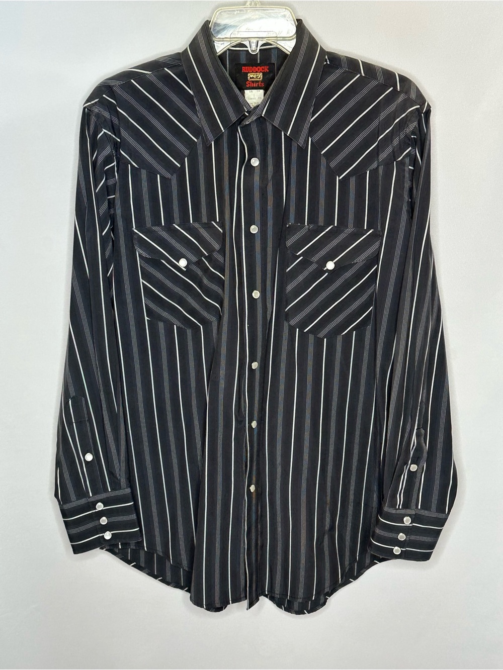 Vintage Ruddock Western Pearl Snap Shirt Black White Pinstripe 16/34